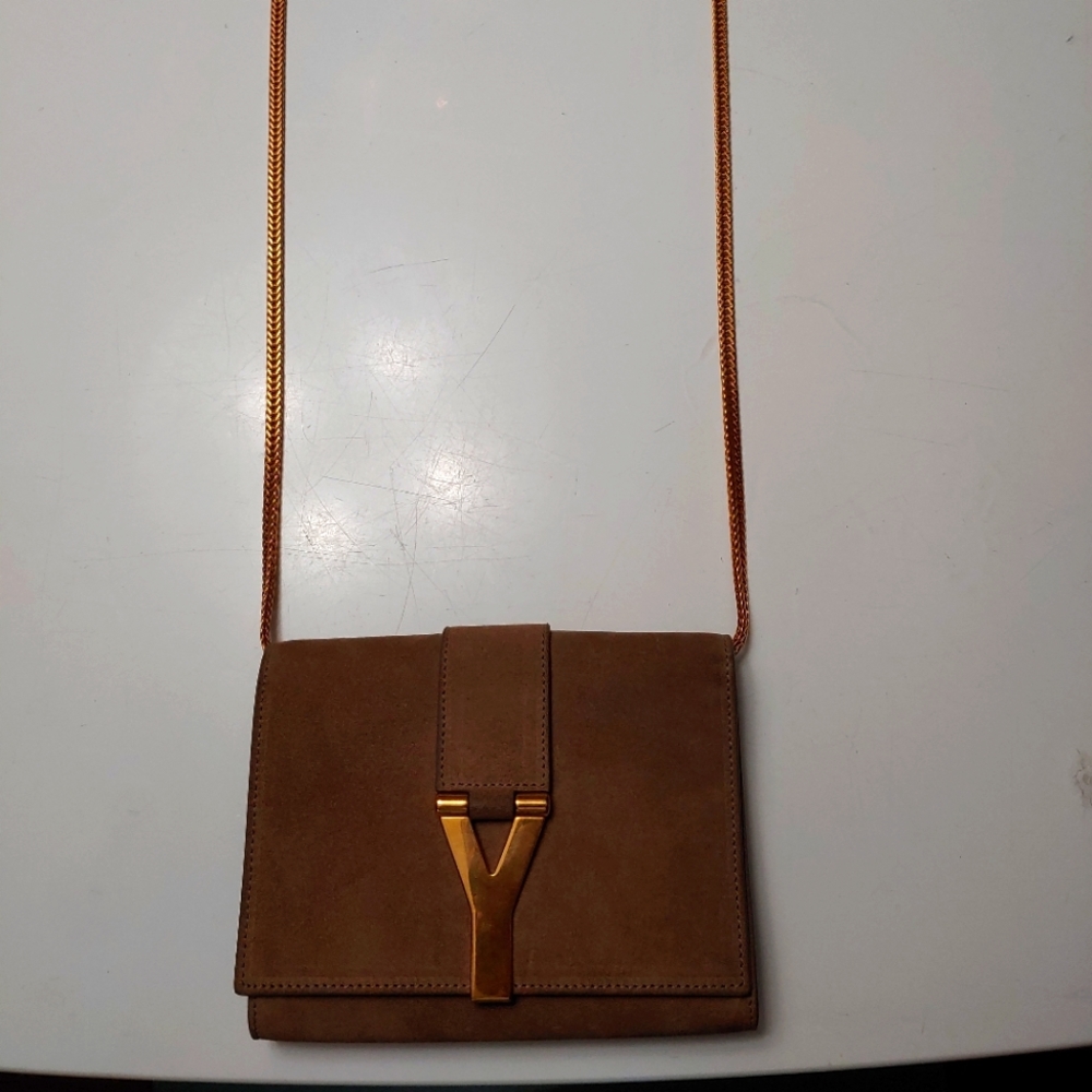 Saint Laurent Paris light brown/ tan Suede Leather Y-Ligne Chain Pochette